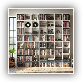 A bright and organized media setup showcasing pre-loved books, music, movies, and games