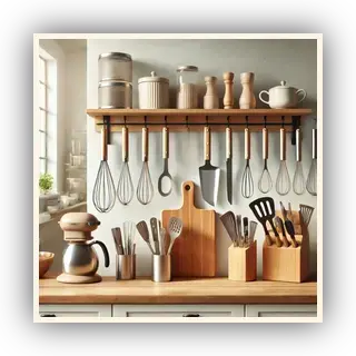 A bright and organized kitchen setup featuring pre-loved kitchen tools