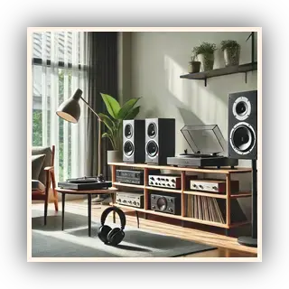 A stylish and modern living room setup featuring pre-loved audio equipment