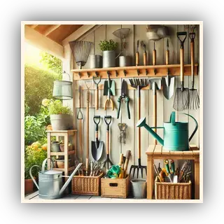 A bright and organized outdoor shed setup featuring pre-loved gardening tools