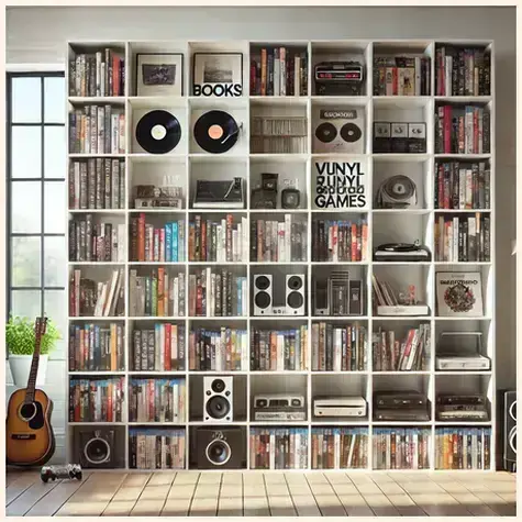 A bright and organized media setup showcasing pre-loved books, music, movies, and games