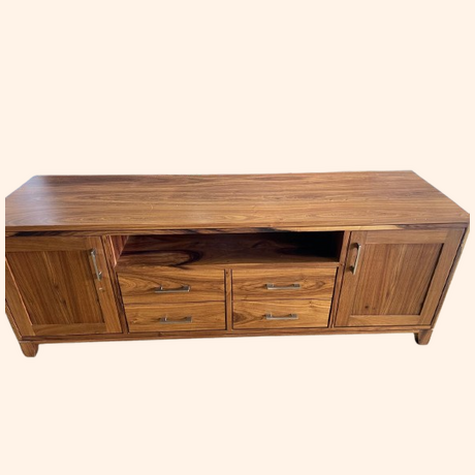 Wooden television stand with two drawers and two cabinets, featuring a natural finish.