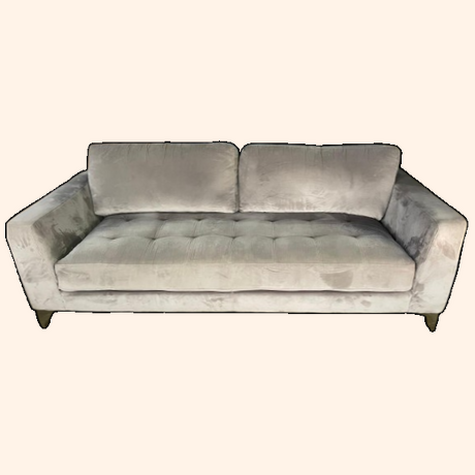 Gray upholstered sofa with two back cushions and wooden legs.