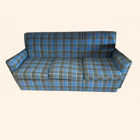 Blue and brown plaid sofa.