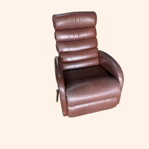 Brown leather reclining chair with a curved armrest.