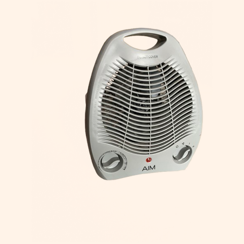 Compact white electric heater with a fan.