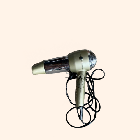 Gold and silver hair dryer with a coiled cord.