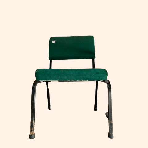 Green office fabric chair with a metal frame.