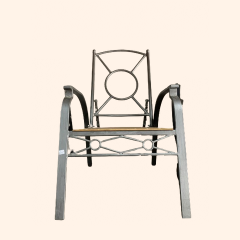 Metal patio chair with a wooden seat and circular backrest.