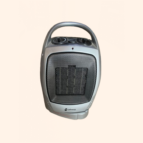 Portable electric heater with vent and control knobs.