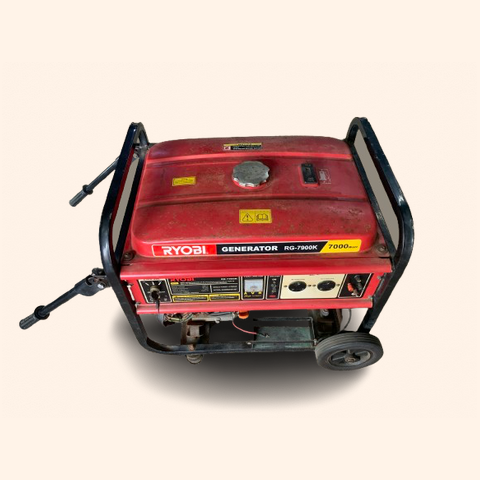 Red portable generator with wheels and control panel.