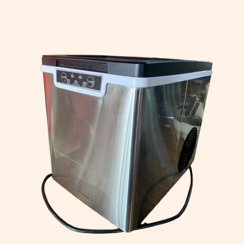 Stainless steel ice maker with a black lid and controls.