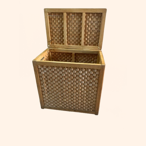 Woven wooden storage box with lid.