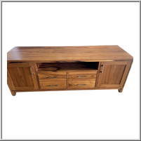 Wooden television stand with two drawers and two cabinets, featuring a natural finish.