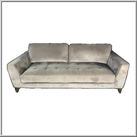 Gray upholstered sofa with two back cushions and wooden legs.