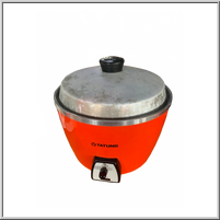 Bright orange rice cooker with a silver lid.