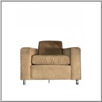 Brown upholstered armchair with metal legs.