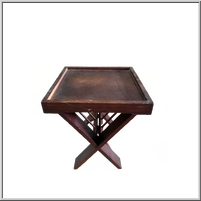 Brown wooden side table with a geometric base.