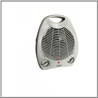 Compact white electric heater with a fan.