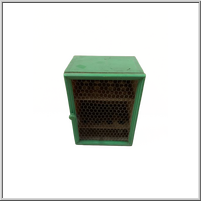 Green wood cabinet, wire mesh door. Antique egg holder.