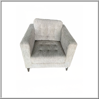 Light gray upholstered armchair with stainless steel legs.