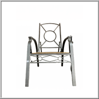 Metal patio chair with a wooden seat and circular backrest.