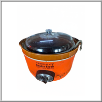 Orange electric slow cooker with a glass lid.