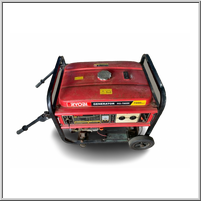 Red portable generator with wheels and control panel.