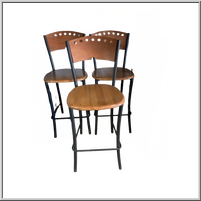 Three wooden and metal bar stools.