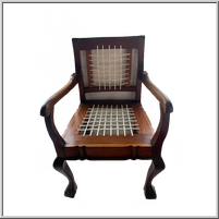 Wooden armchair with woven seat and backrest.