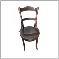 Wooden chair with a curved back and round seat.