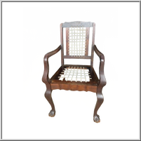 Wooden chair with intricate design and woven seat.