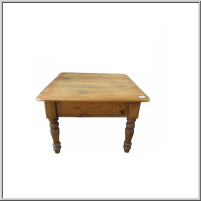 Wooden table with four turned legs and a square top.