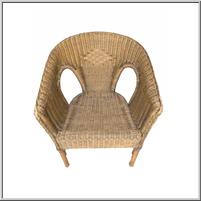 Woven rattan chair with curved back and armrests.