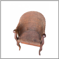 Woven wicker chair with wooden armrests and legs.