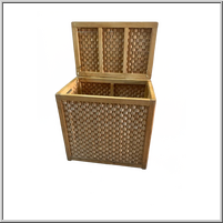 Woven wooden storage box with lid.