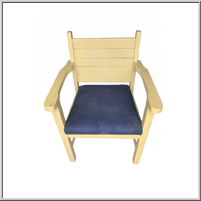 Yellow wooden chair with a blue cushion seat.